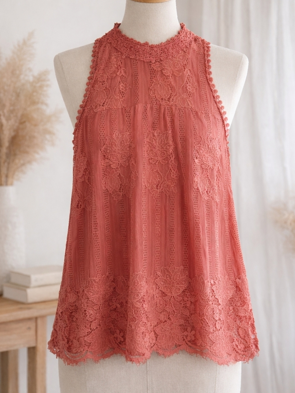 Miss Chievous Coral Lace Sleeveless Blouse | Boho Romantic Tank | Small